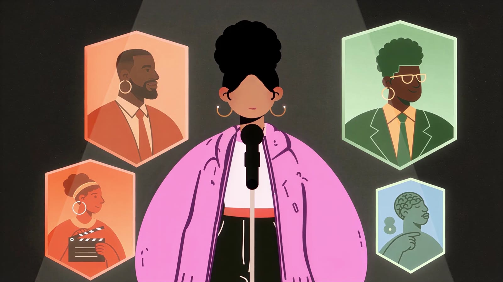 Illustration from the Akuna film: a creator at a microphone, framed by portraits of other African creators