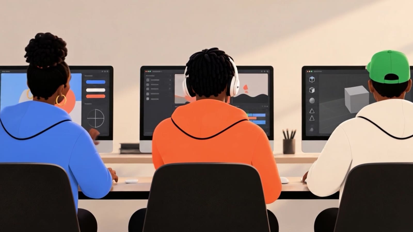 Illustration from the Akuna film: three young creators working side by side at editing screens