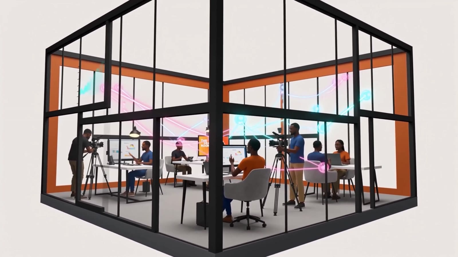 Illustration from the Akuna film: a glass studio where creators film, edit and work together