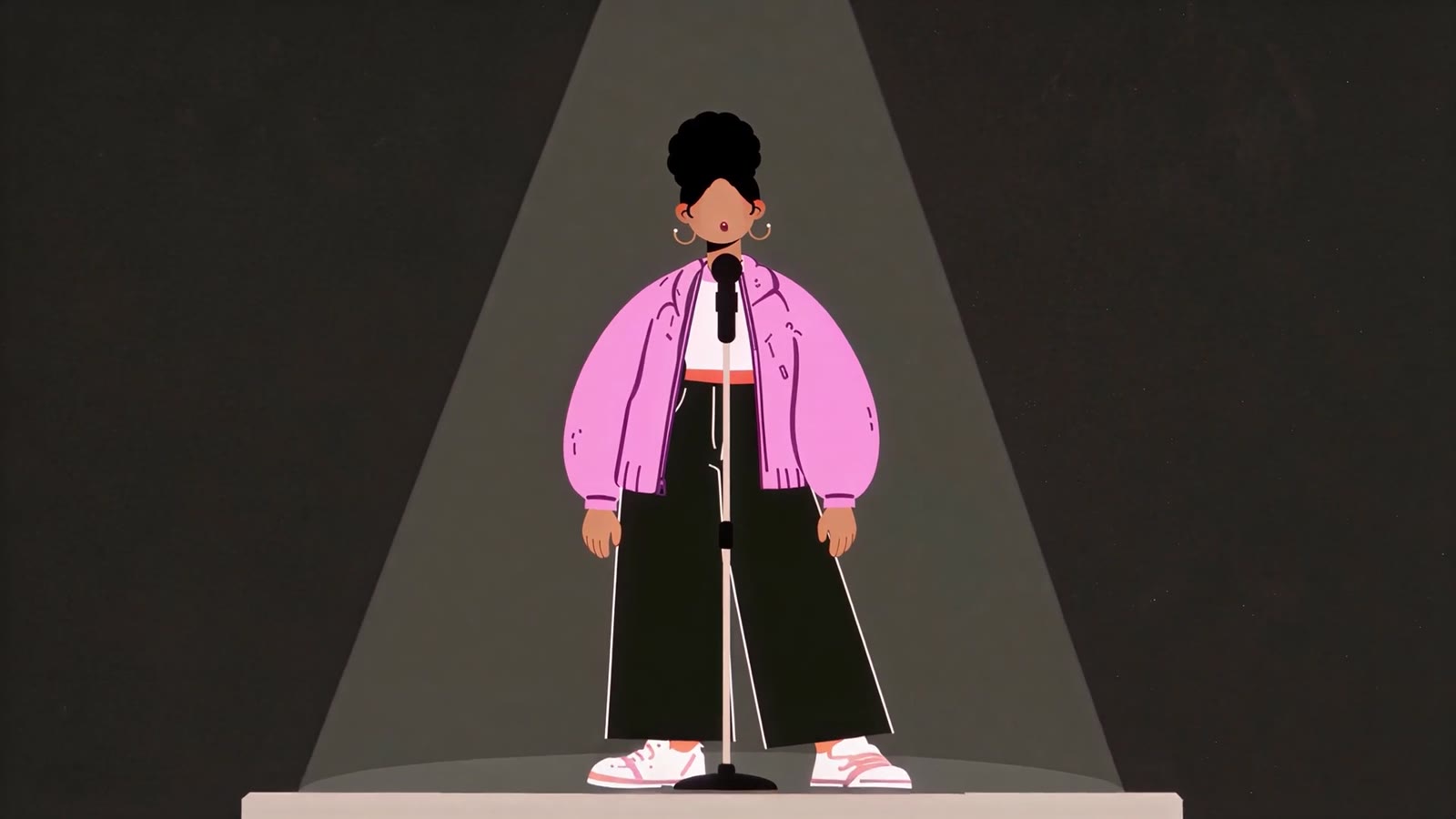 Illustration from the Akuna film: a creator standing alone under a spotlight on a stage