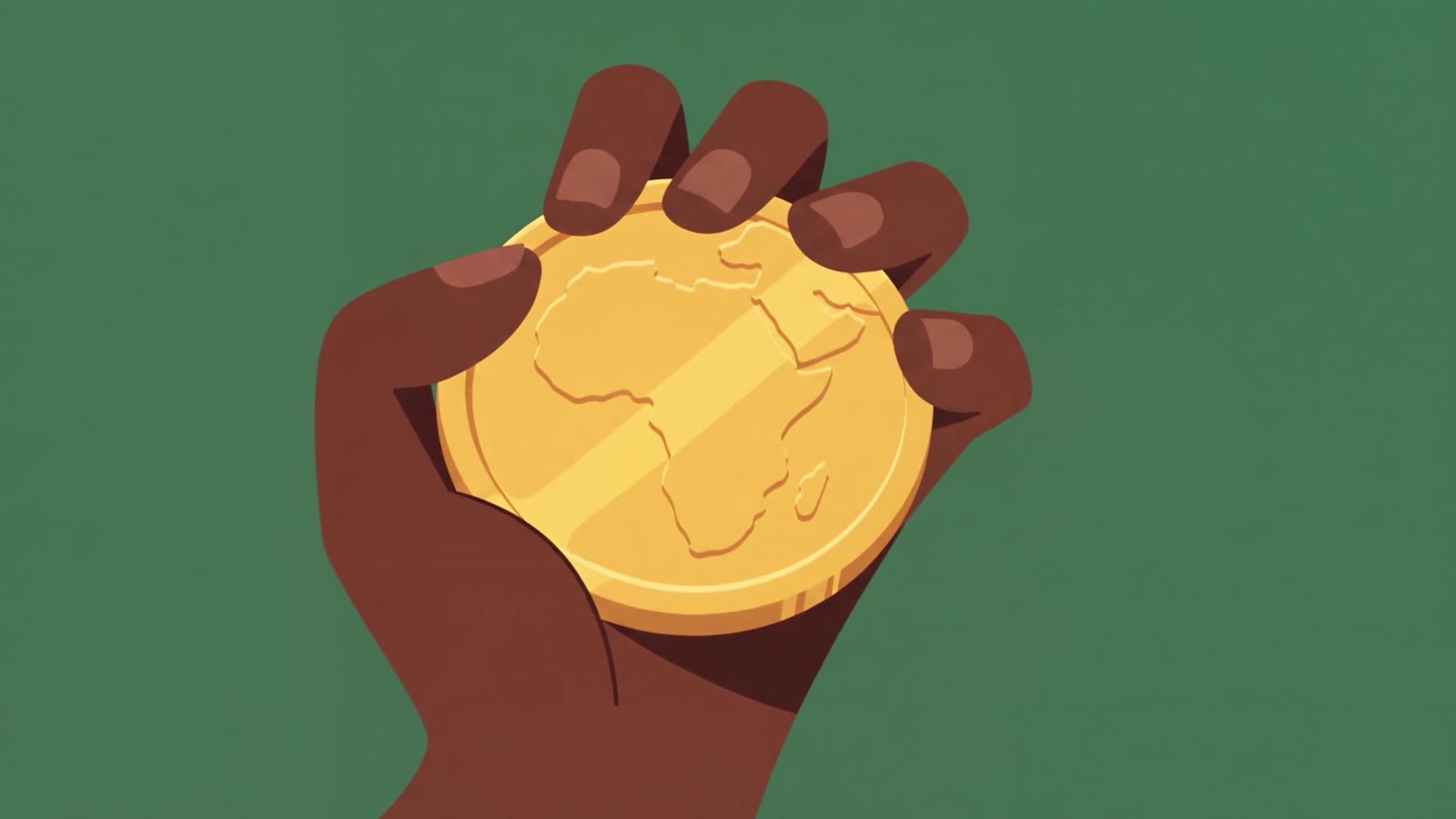 Illustration from the Akuna film: a hand holding a gold coin stamped with the map of Africa
